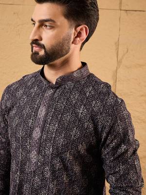 Men black viscose rayon ethnic motifs embroidered straight kurta 2