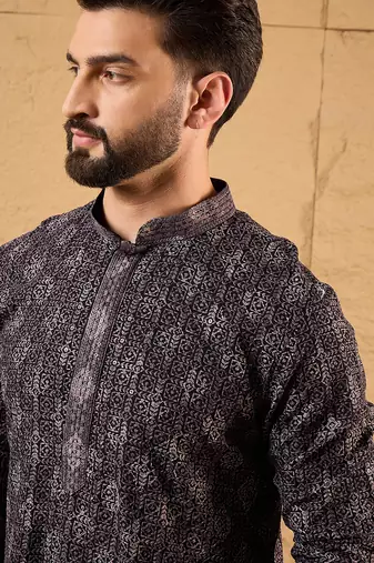 Men black viscose rayon ethnic motifs embroidered straight kurta