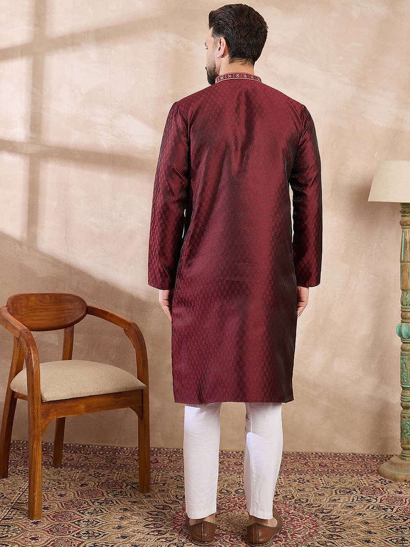 Men maroon silk blend solid woven design straight kurta with trouser