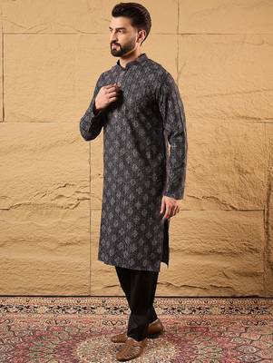 Men black viscose rayon ethnic motifs embroidered straight kurta 3