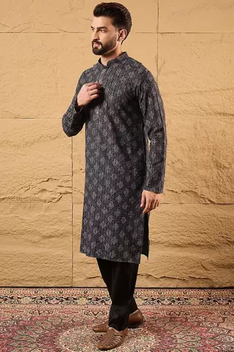 Men black viscose rayon ethnic motifs embroidered straight kurta