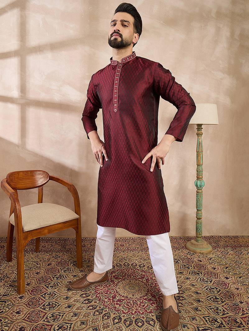 Men maroon silk blend solid woven design straight kurta with trouser