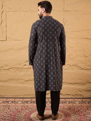Men black viscose rayon ethnic motifs embroidered straight kurta 4