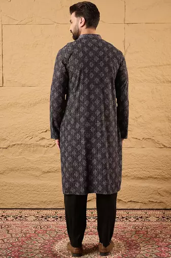 Men black viscose rayon ethnic motifs embroidered straight kurta