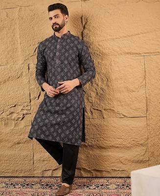 Men black viscose rayon ethnic motifs embroidered straight kurta 5