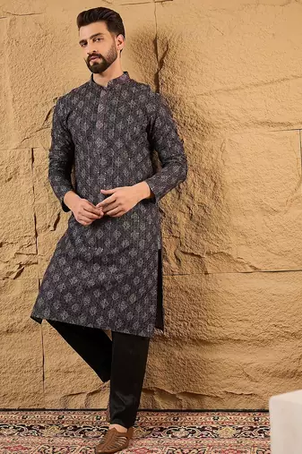 Men black viscose rayon ethnic motifs embroidered straight kurta