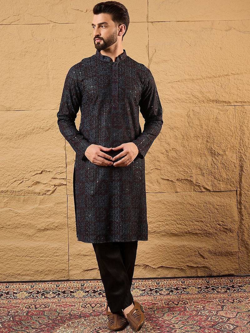 Mens black viscose rayon geometric embroidered chikankari straight kurta