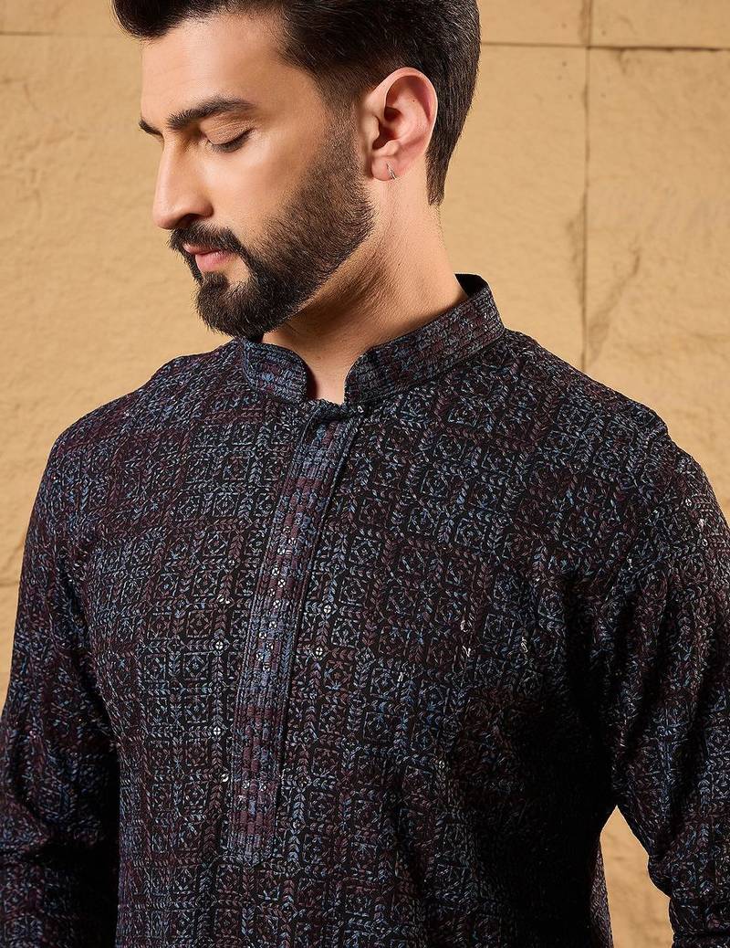 Mens black viscose rayon geometric embroidered chikankari straight kurta