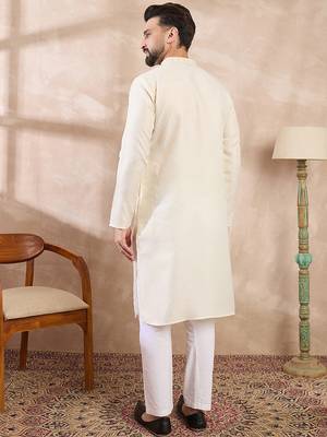 Men off white silk blend solid woven design straight kurta with trouser 4