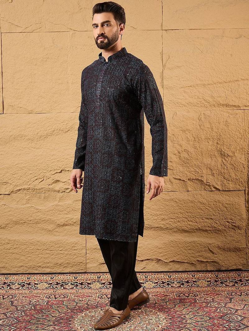 Mens black viscose rayon geometric embroidered chikankari straight kurta