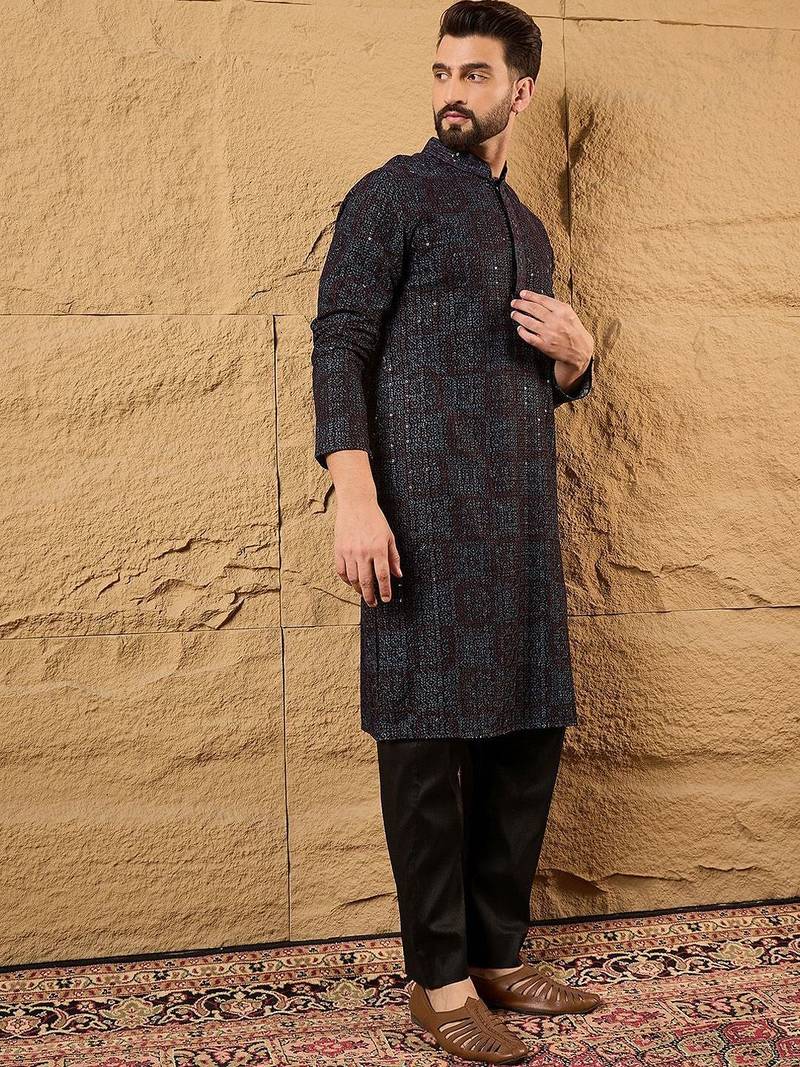 Mens black viscose rayon geometric embroidered chikankari straight kurta