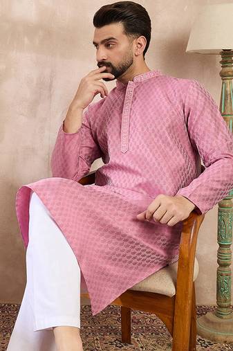 Men pink silk blend solid woven design straight kurta with trouser