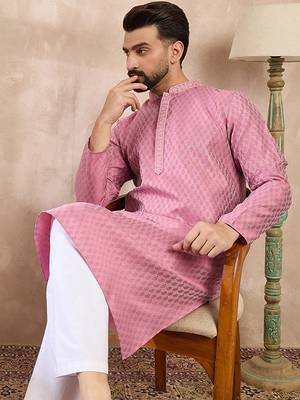 Men pink silk blend solid woven design straight kurta with trouser 1