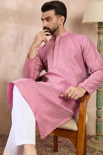 Men pink silk blend solid woven design straight kurta with trouser