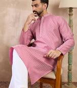 Men pink silk blend solid woven design straight kurta with trouser