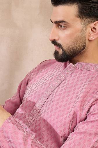 Men pink silk blend solid woven design straight kurta with trouser