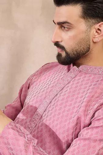 Men pink silk blend solid woven design straight kurta with trouser