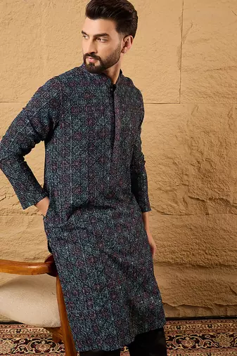 Men black viscose rayon abstract embroidered straight kurta