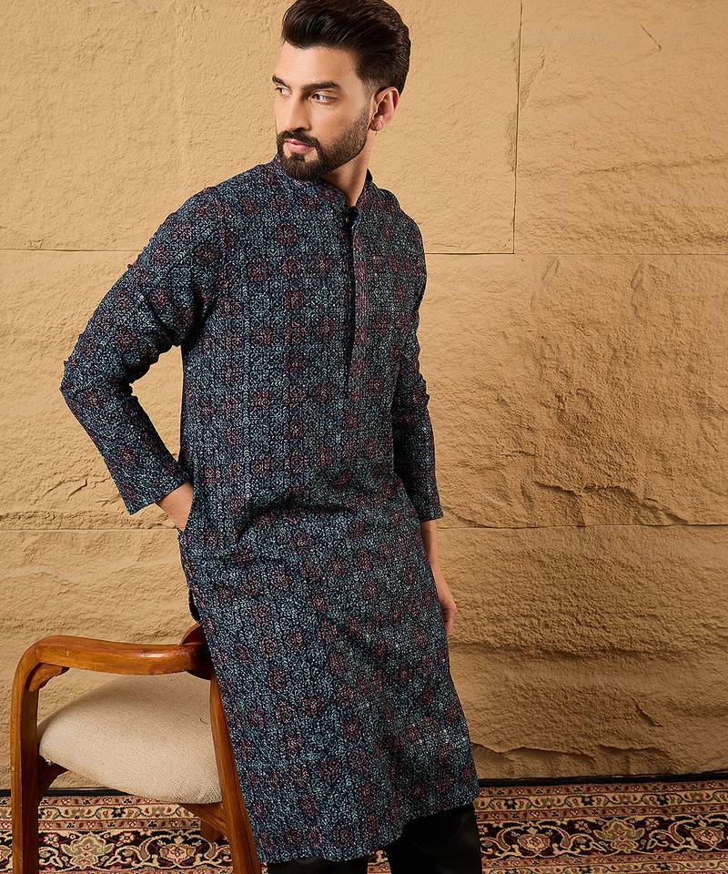 Men black viscose rayon abstract embroidered straight kurta