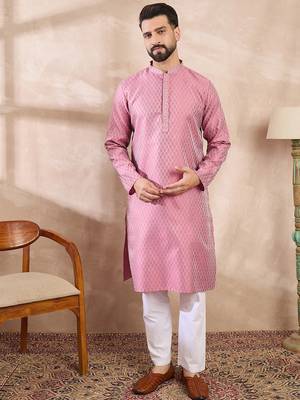 Men pink silk blend solid woven design straight kurta with trouser 2