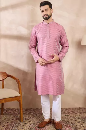 Men pink silk blend solid woven design straight kurta with trouser