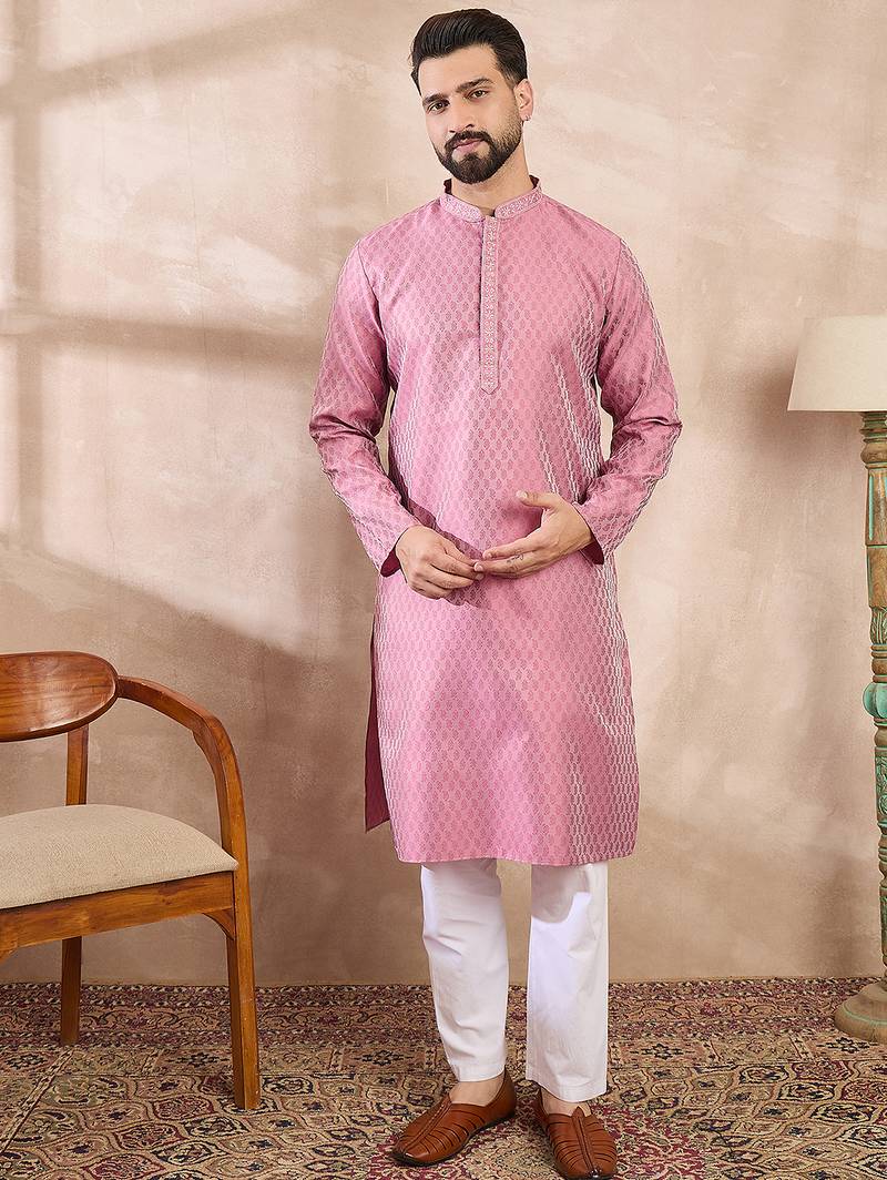 Men pink silk blend solid woven design straight kurta with trouser