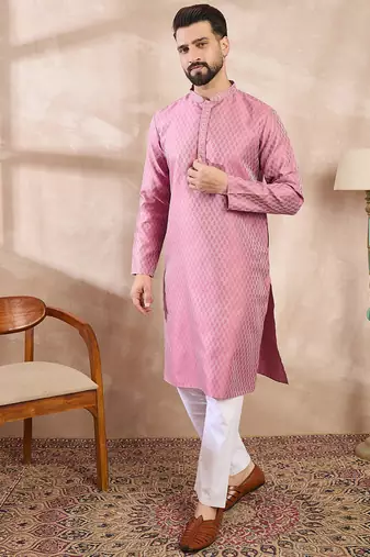 Men pink silk blend solid woven design straight kurta with trouser