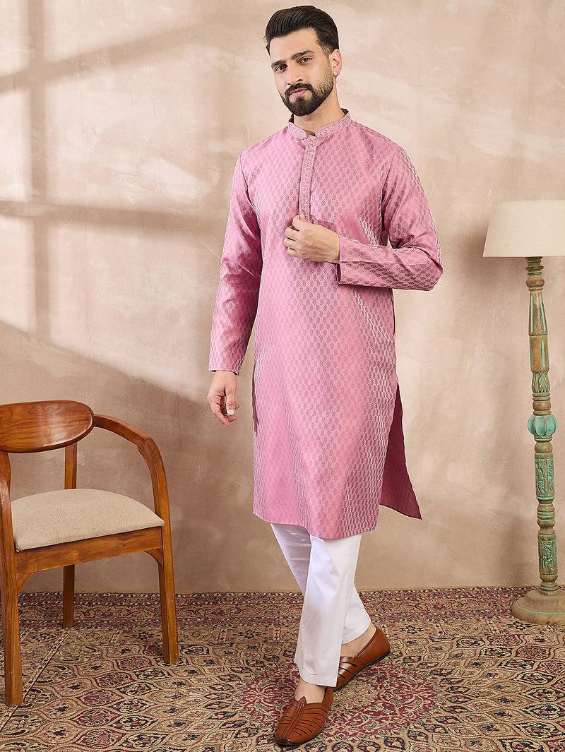 Men pink silk blend solid woven design straight kurta with trouser