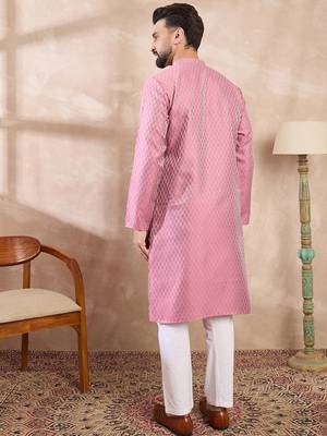 Men pink silk blend solid woven design straight kurta with trouser 4
