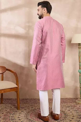 Men pink silk blend solid woven design straight kurta with trouser