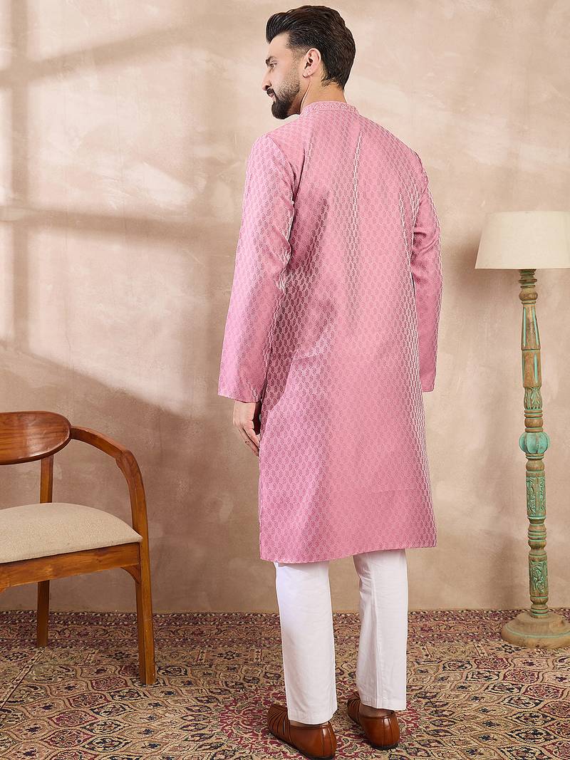 Men pink silk blend solid woven design straight kurta with trouser