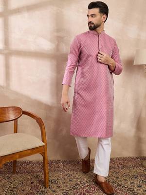 Men pink silk blend solid woven design straight kurta with trouser 5