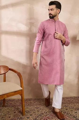 Men pink silk blend solid woven design straight kurta with trouser