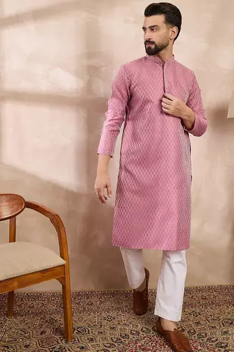 Men pink silk blend solid woven design straight kurta with trouser