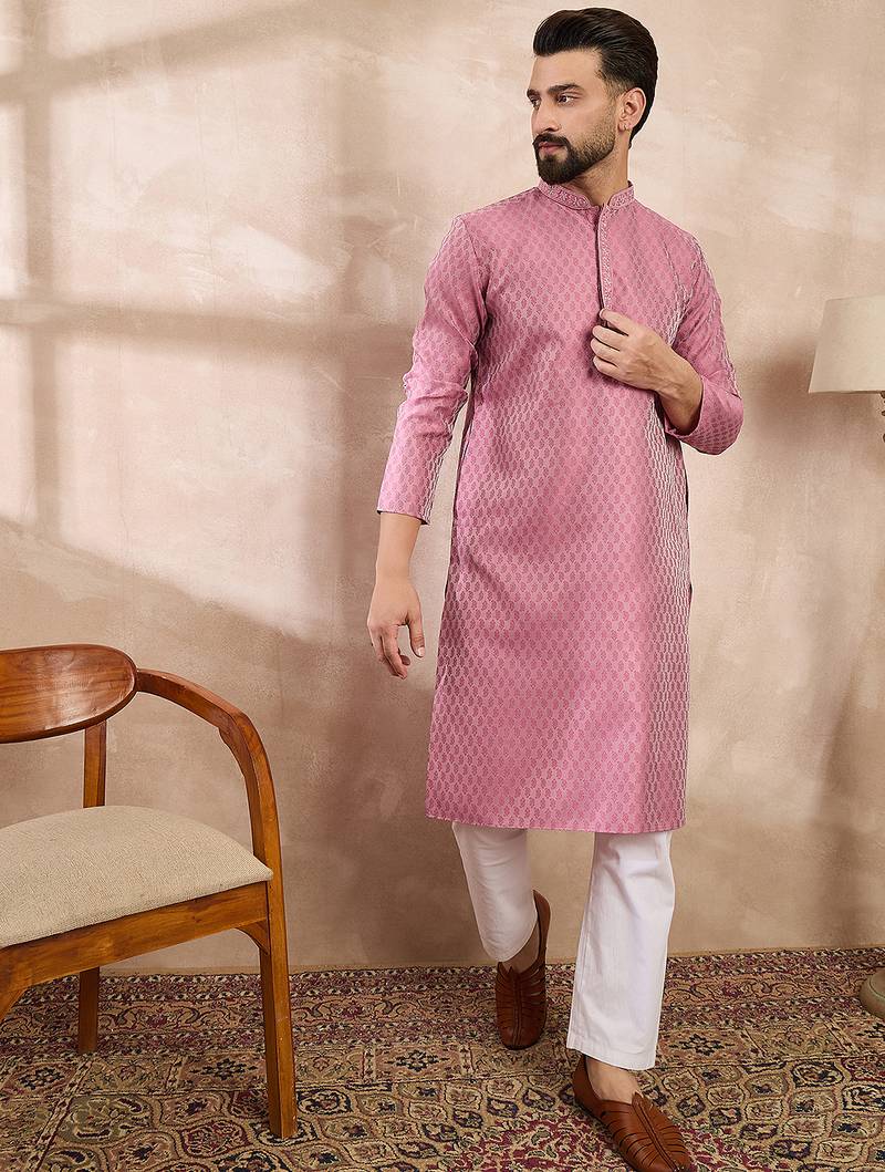 Men pink silk blend solid woven design straight kurta with trouser