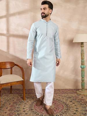 Men blue silk blend solid woven design straight kurta with trouser 2
