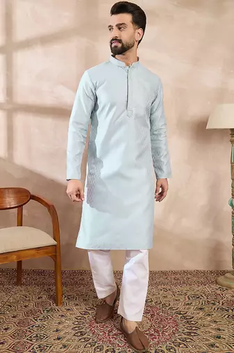 Men blue silk blend solid woven design straight kurta with trouser
