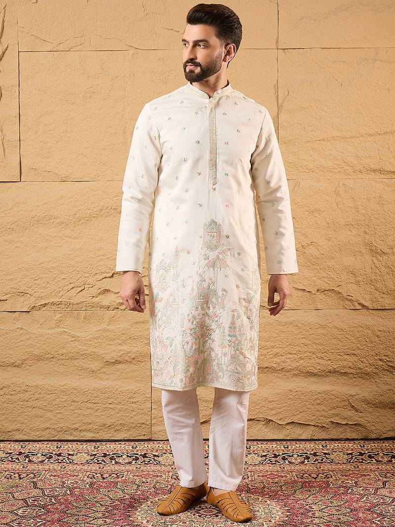 Men off white silk blend solid embroidered straight kurta
