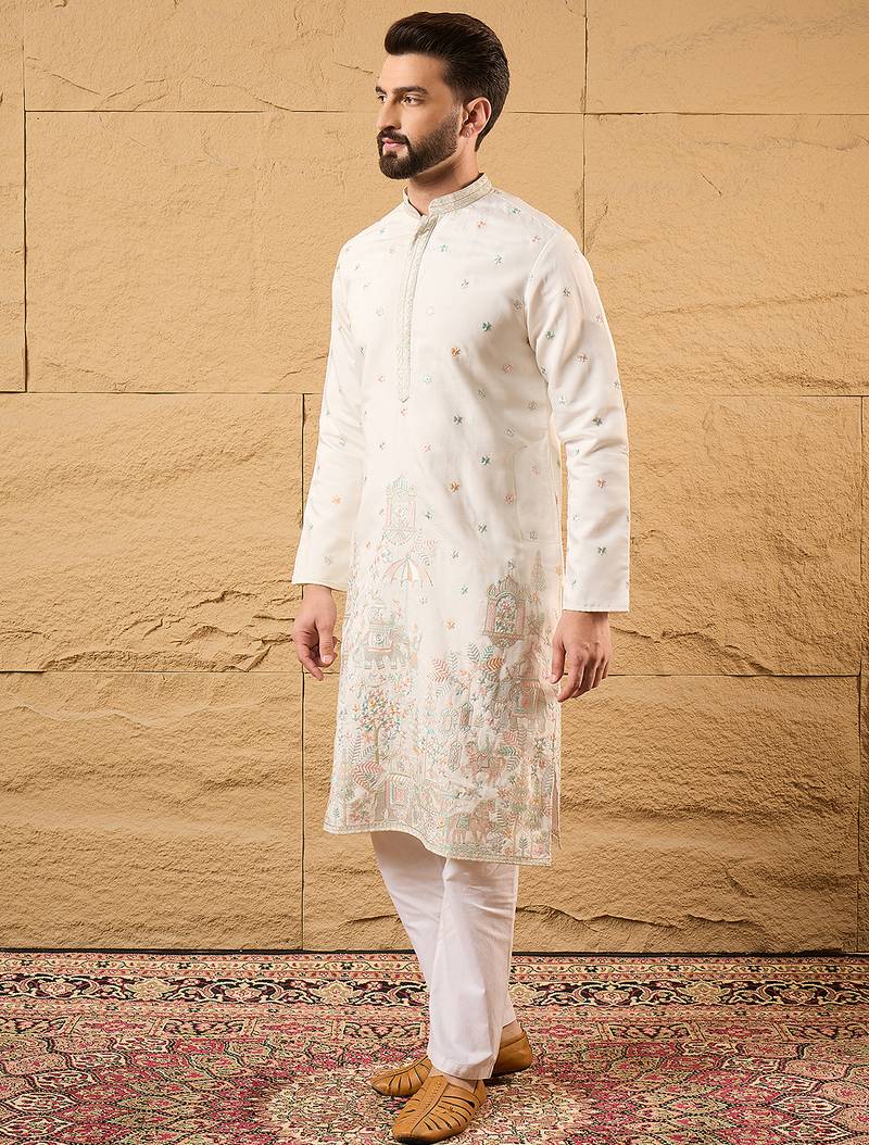 Men off white silk blend solid embroidered straight kurta