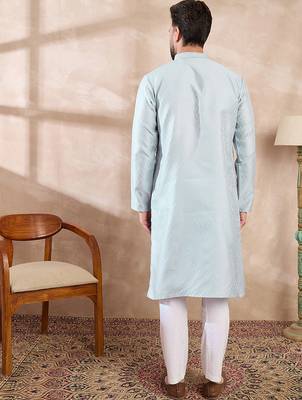 Men blue silk blend solid woven design straight kurta with trouser 4