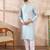 Men blue silk blend solid woven design straight kurta with trouser