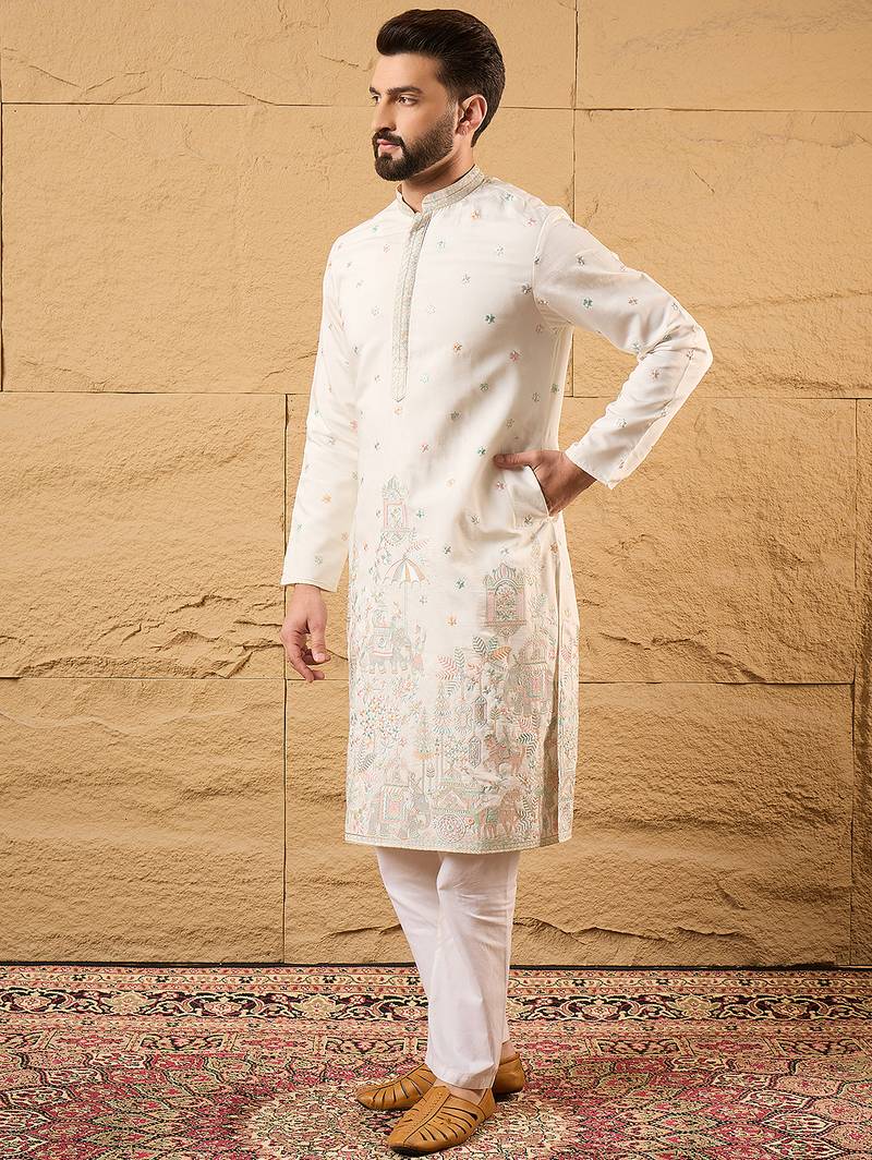 Men off white silk blend solid embroidered straight kurta