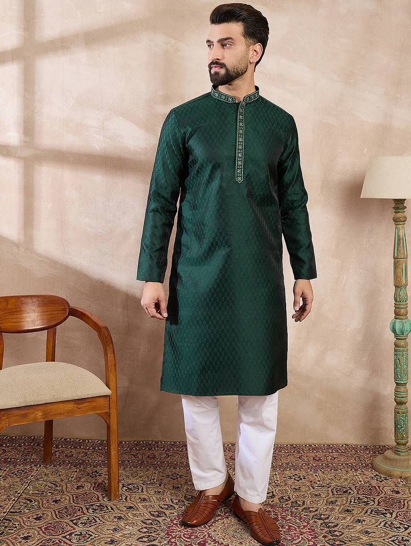 Men green silk blend solid woven design straight kurta with trouser