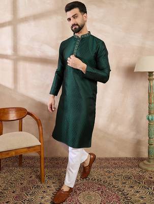 Men green silk blend solid woven design straight kurta with trouser 3