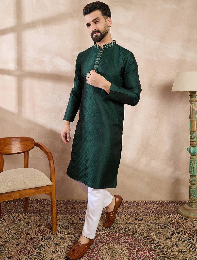 Men green silk blend solid woven design straight kurta with trouser