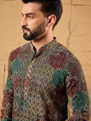 Men black viscose rayon geometric embroidered straight kurta 1