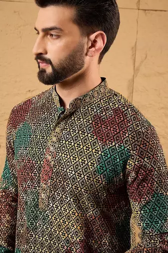 Men black viscose rayon geometric embroidered straight kurta