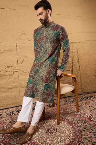 Men black viscose rayon geometric embroidered straight kurta