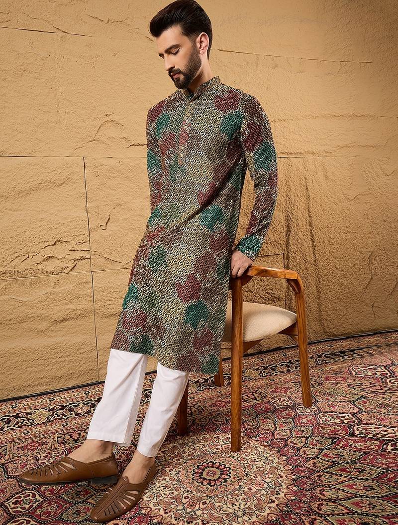 Men black viscose rayon geometric embroidered straight kurta