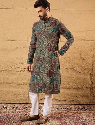Men black viscose rayon geometric embroidered straight kurta 3